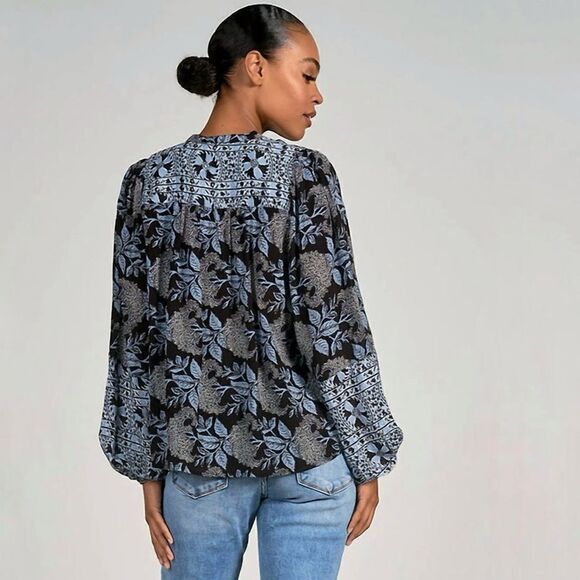Elan Blue Floral Print V-Neck Button Up Tassel Blouse Top - Picture 3 of 7